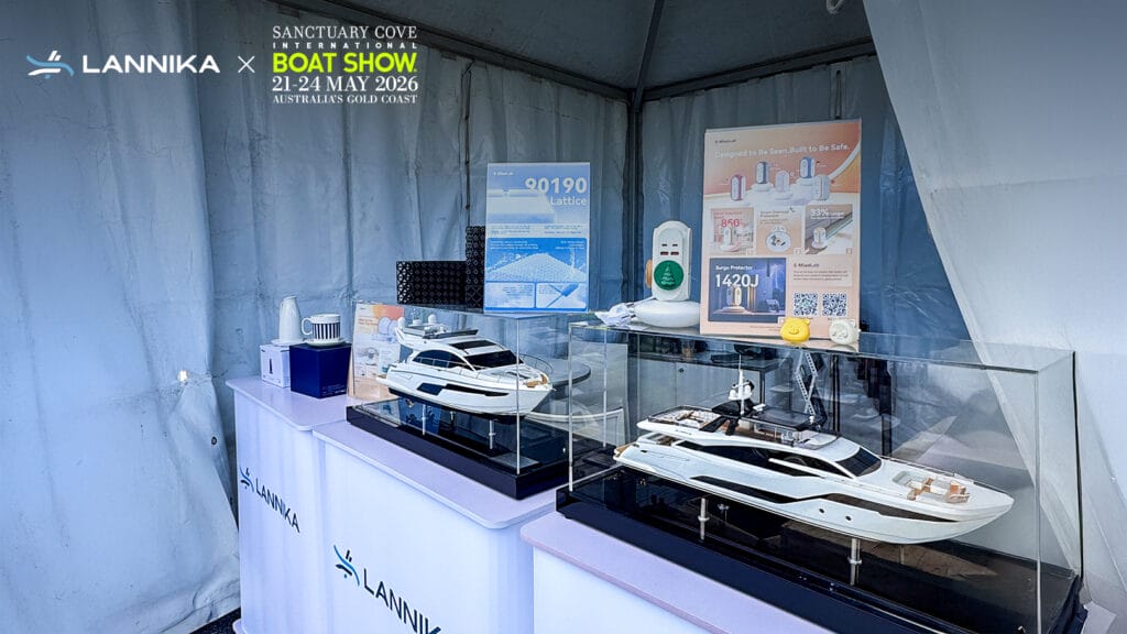 Neatly arranged product models and detailed displays of Lannika yachts